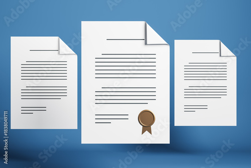 Official documents with certification seal floating on blue background representing digital document management and workflow system concept. 3D Rendering