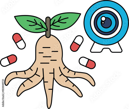 A drawing of a carrot with a pill bottle and a camera