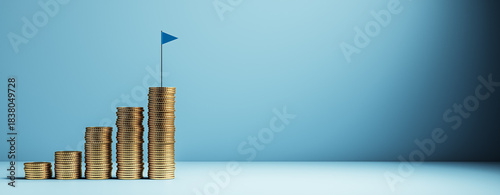 Stacked gold coins forming upward staircase with small blue flag on top, symbolizing savings growth and investment goal achievement on blue background. 3D Rendering
