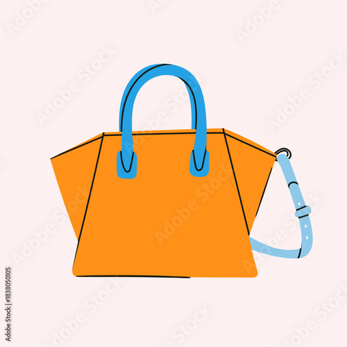 Stylish yellow female Purse or bag. Ladies fashion handbag. Textile, leather women's accessory. Hand drawn trendy Vector illustration. Isolated design element. Sticker, print, logo template