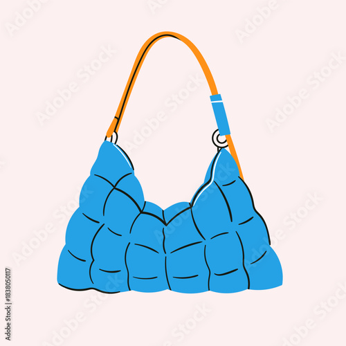 Stylish blue  female Purse or bag. Ladies fashion handbag. Textile, leather women's accessory. Hand drawn trendy Vector illustration. Isolated design element. Sticker, print, logo template