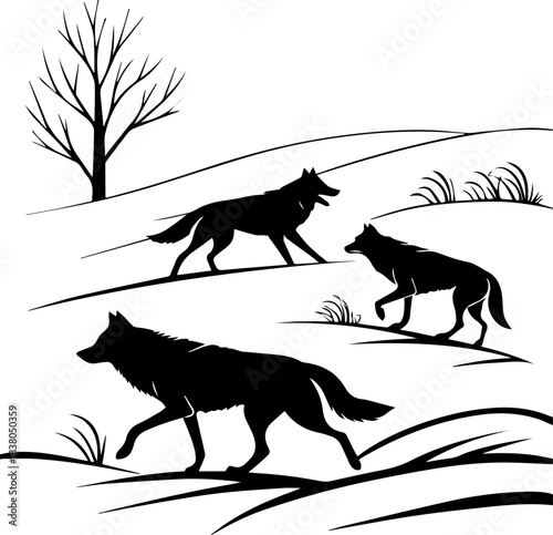 Wildlife Silhouette – Three Wolves Traversing Hilly Terrain with Sparse Vegetation