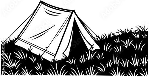 Camping Silhouette – Pitched Tent on Tall Grass in Wilderness Setting