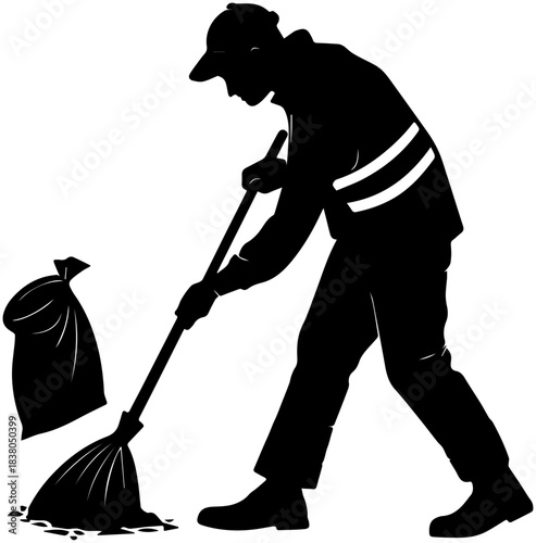 Sanitation Silhouette – Worker Sweeping Ground with Broom and Upright Trash Bag