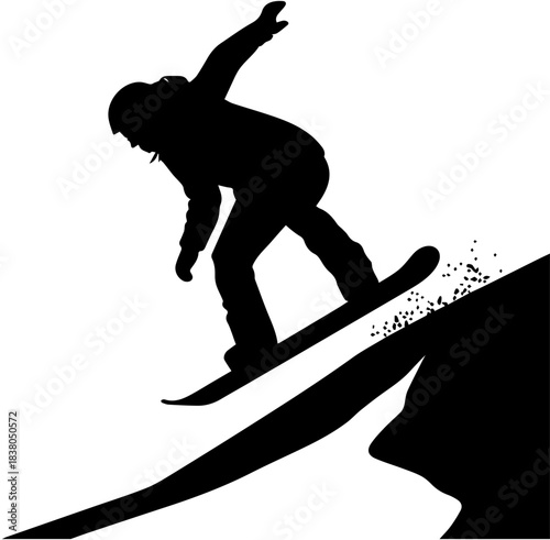 Snowboarding Silhouette – Rider Descending Steep Slope with Snow Debris Trail
