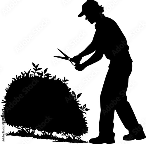 Gardening Silhouette – Person Shaping Bush with Shears and Cap