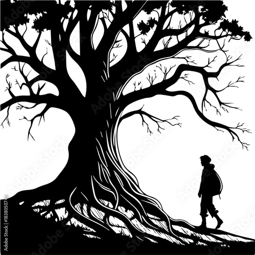 Nature Silhouette – Leafless Tree with Roots and Backpacker Observing
