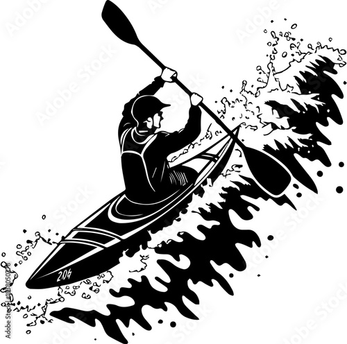 Kayak Silhouette – Racing Through Waves with Paddle and Helmet