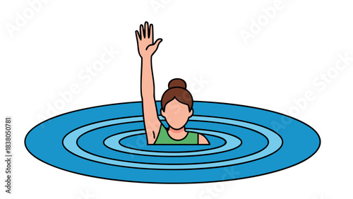 Person with One Arm Raised in Blue Water Ripples Danger Distress SOS Signal Lifeline Request Help Emergency Survival Situation Illustration