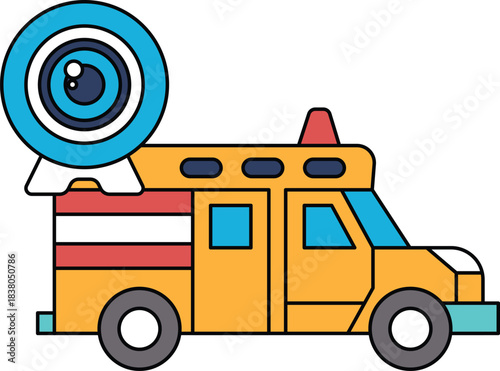 A black and white drawing of a truck with a camera on top