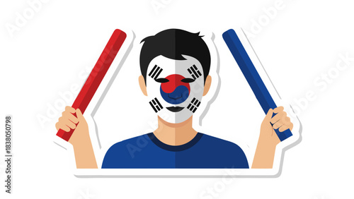 Person With South Korean Flag Painted Face Holding Red and Blue Cheer Sticks in Front of Black Background