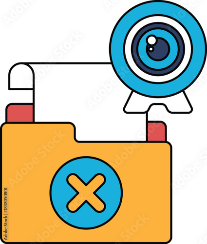 A camera lens is shown next to a folder with an X on it