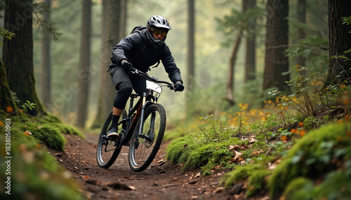 Man rides mountain bike on dirt path in dense forest. Cyclist wears helmet goggles and protective gear. Woods trail surrounded by trees green moss and small yellow flowers.