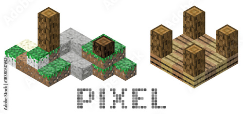 Pixel block vector set featuring grass, sand, and gravel blocks in classic pixel art style with clean edges and transparent background for games, UI assets, and retro designs.