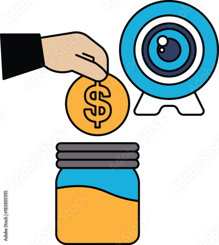 A hand is putting a coin into a jar