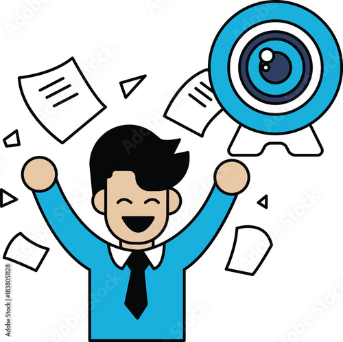 A man is holding his arms up in the air with a smile on his face