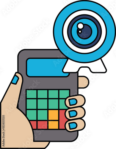 A hand holding a calculator with a camera lens on top