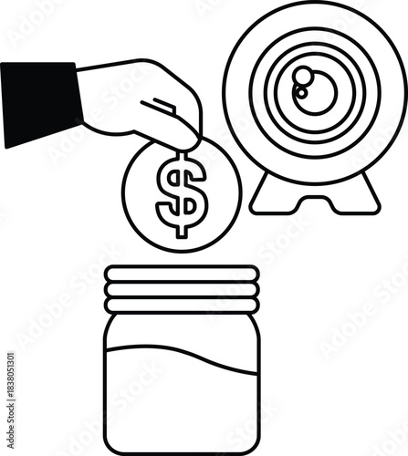 A hand is putting a coin into a jar