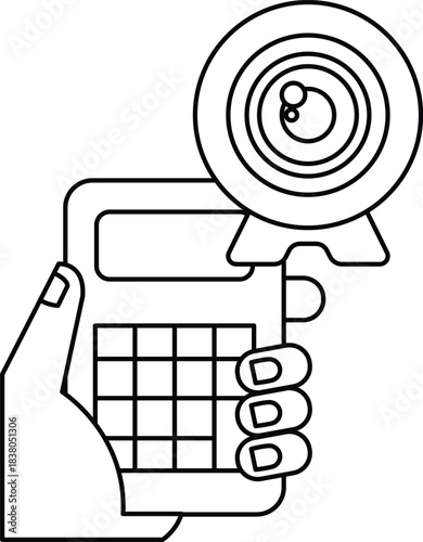 A hand holding a calculator with a camera lens on top