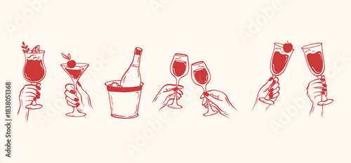 Set of hands hold glasses with wine or champagne. Cheers or drinking toast drawing. Line drawing of people celebrating. Vector illustration. 