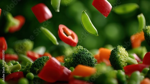 Fresh bell peppers, broccoli, and snow peas falling, representing healthy eating and vibrant natural ingredients
