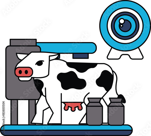 A cow is standing in front of a machine that is labeled "milk machine"