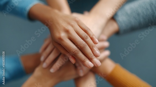 Diverse hands stacking together, symbolizing unity, teamwork, and strong support in a collaborative group