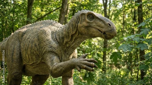 Iguanodon dinosaur model demonstrating a herbivore eating behavior among green foliage, representing prehistoric life and extinction in a natural forest setting