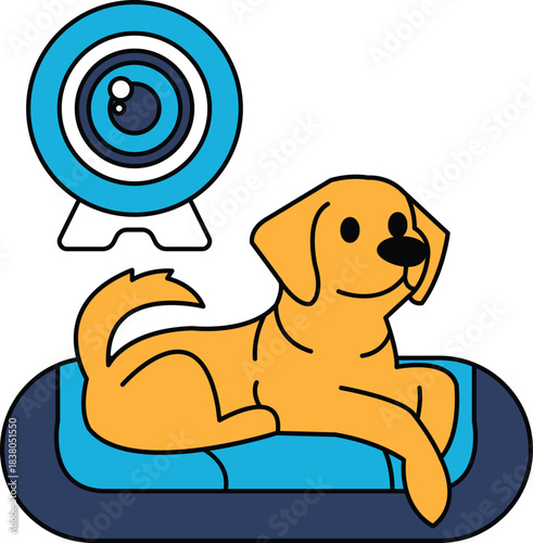 A dog is laying on a bed with a camera in the background