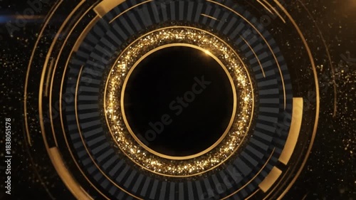Luxurious gold rotating circles with sparkling particles, elegant abstract background for awards ceremony