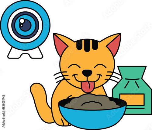 A cat is sitting in a bowl of food and licking its tongue