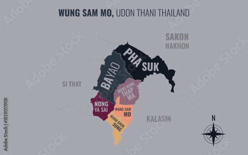 Map showing Wung Sam Mo District Udon Thani Thailand divided into sub-districts with minimalist colorful patterns