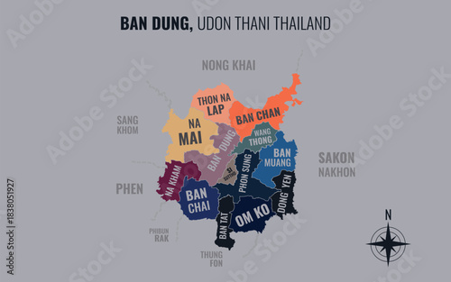 Map showing Ban Dung District Udon Thani Thailand divided into sub-districts with minimalist colorful patterns