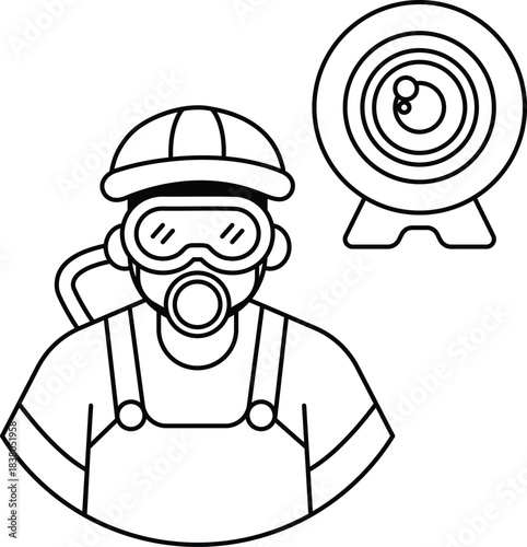A man in a diving suit is wearing a gas mask and goggles