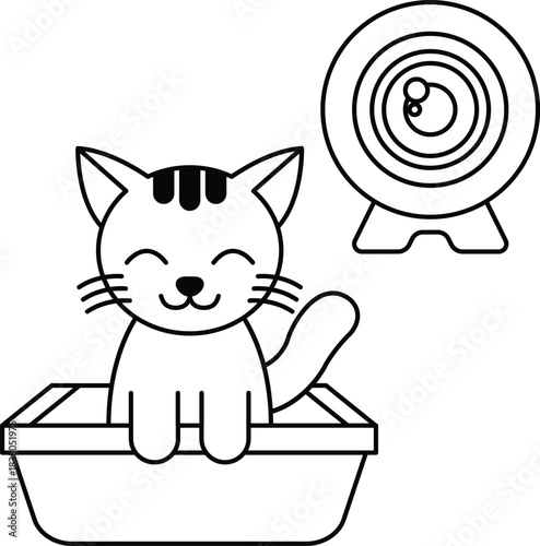 A cat is sitting in a litter box with a camera behind it