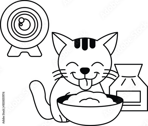 A cat is sitting in a bowl of food and licking its tongue