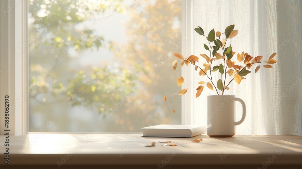 Fototapeta premium Autumn branches with falling leaves in a ceramic mug, a book, and warm sunlight on a window sill