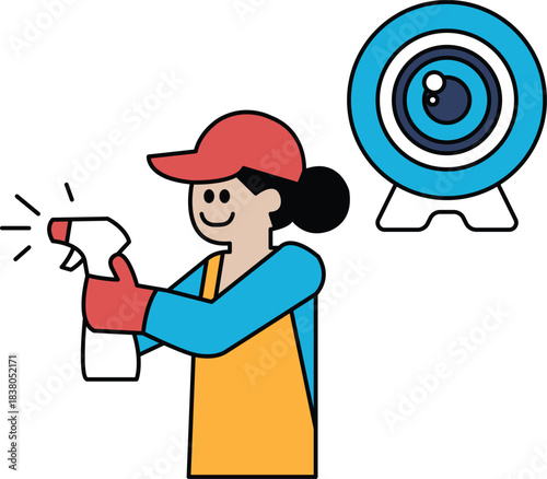A woman is cleaning a room with a spray bottle
