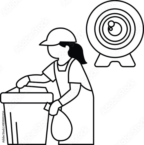 A woman is cleaning a trash can