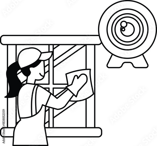 A woman is cleaning a window