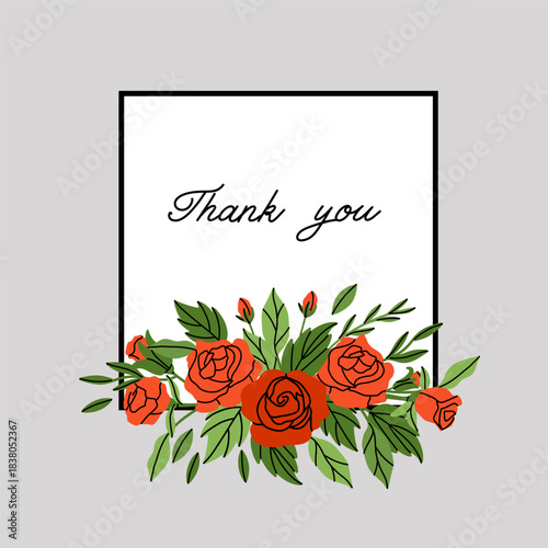 Rose square frame. Red flowers and green leaves. Decorative elements, spring summer elegant elements. Bouquet with blossom. Botanical decoration for poster. Vector cartoon flat isolated illustration