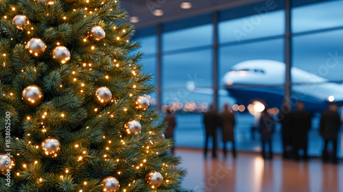 A Christmas tree with golden balls and garlands at the airport. In the background, there is a large window with a plane and people in the background. Christmas, travel, airport.