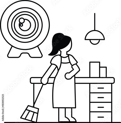A woman is cleaning a room with a broom
