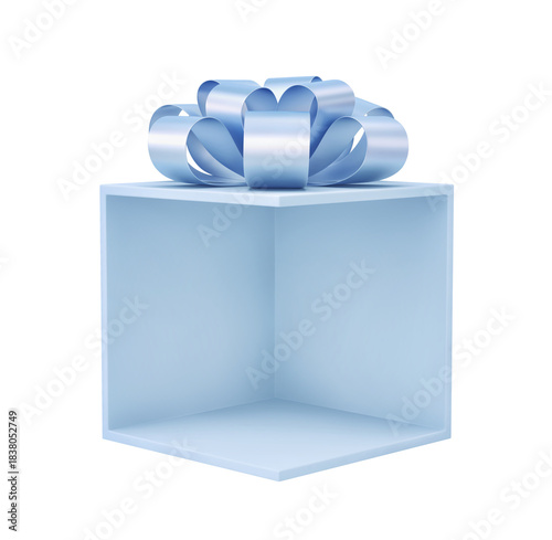 Blue product showcase gift box with bow isolated on white. Clipping path included