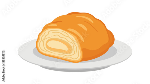 Pixel Art Croissant With Cream Filling On A White Plate Isolated On Black Background Detailed Baked Pastry With Flaky Layers And Golden Brown Crust A Delicious Breakfast Treat