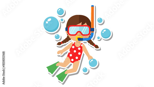 Pixel Art Girl Wearing Red Polka Dot Swimsuit Snorkeling With Goggles And Flippers Surrounded By Bubbles And Translucent Water Effect In Flat Design Style