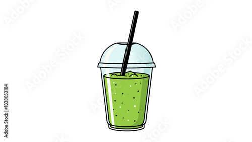 Pixel Art Green Smoothie In A Clear Plastic Cup With A Straw On A Black Background