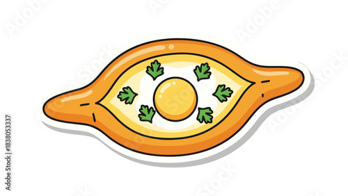Pixel Art Khachapuri Georgian Cheese Bread With Egg Yolk And Parsley Isolated On White Sticker Background Vector Illustration