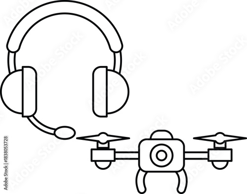 A drone and a headset are shown in a black and white drawing
