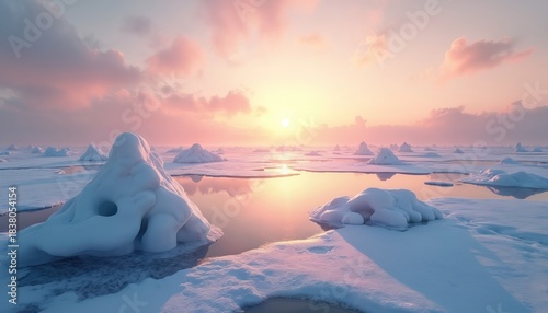Frozen sea landscape with ice formations under soft pastel sky at sunrise. Water reflects pink and yellow sun. Cold winter scene with snow covered ice floes stretching to horizon.
